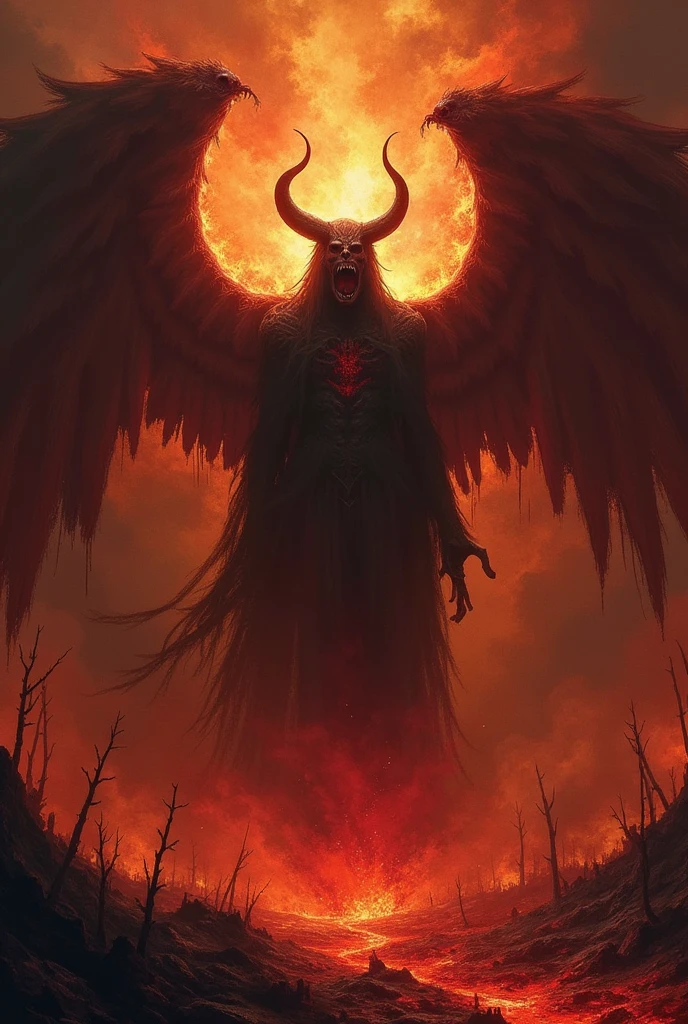 apocalyptic scene, The devil laughs from the earth at night, The moon is burning, Angels lie on the ground, Trees are burning, People scream.