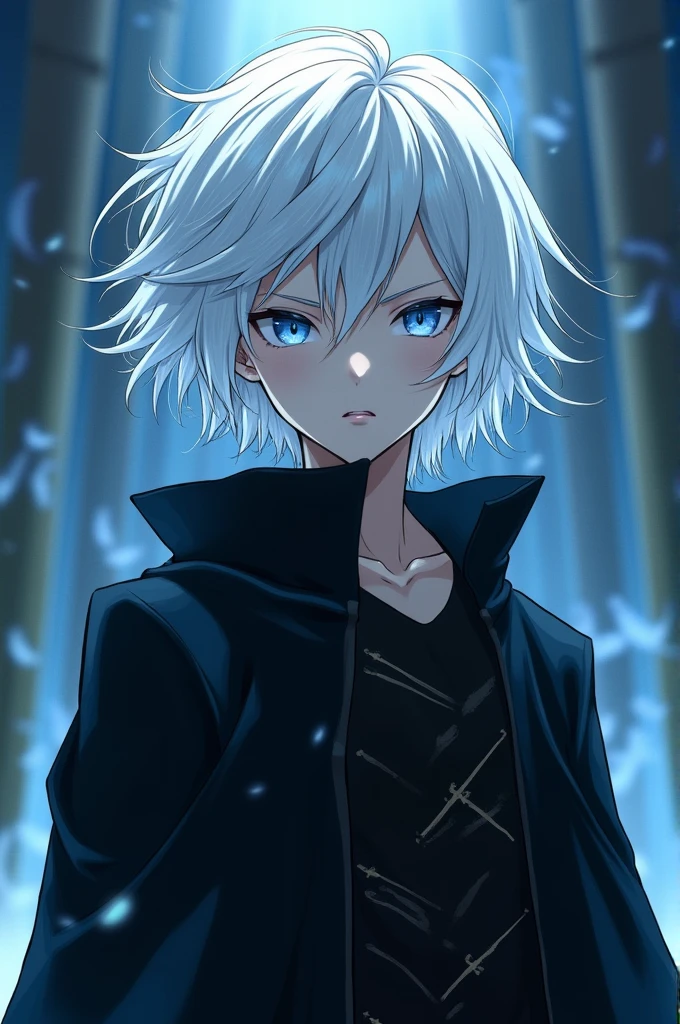 I want a character with white hair and blue eyes, he is looking at the camera from below with a face seen from below and horizontally, his face is shadowed and his eyes are shining, his outfit is white with a black scarf and on his side he has a cute skull head with black fire around it. He is 20 years old with a mature and broad face with a very serious anime style.
