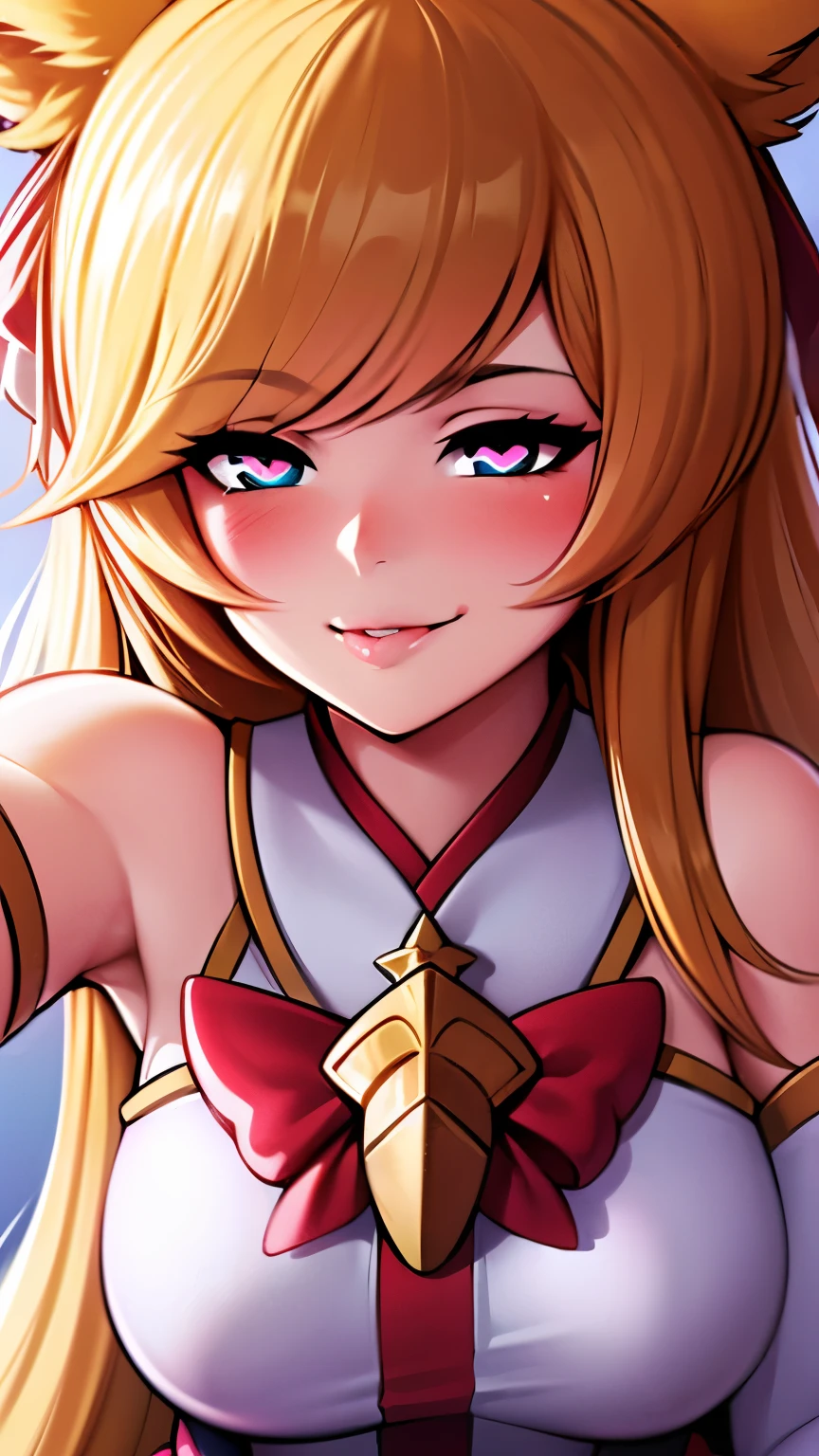 Celling background, Heart-shaped_pupils, starguardianahri, elbow gloves, hair ornament, (skirt:1.1), star guardian \(league of legends\, blonde hair, long hair, fox tail, fox ears, blue eyes, small breasts, ((upper body:1.1)), 1girl solo, kabedon pov, smile, ((blush:1.2)), drooling, (licking her own lips:1.4), ((heavy breathing:1.2))