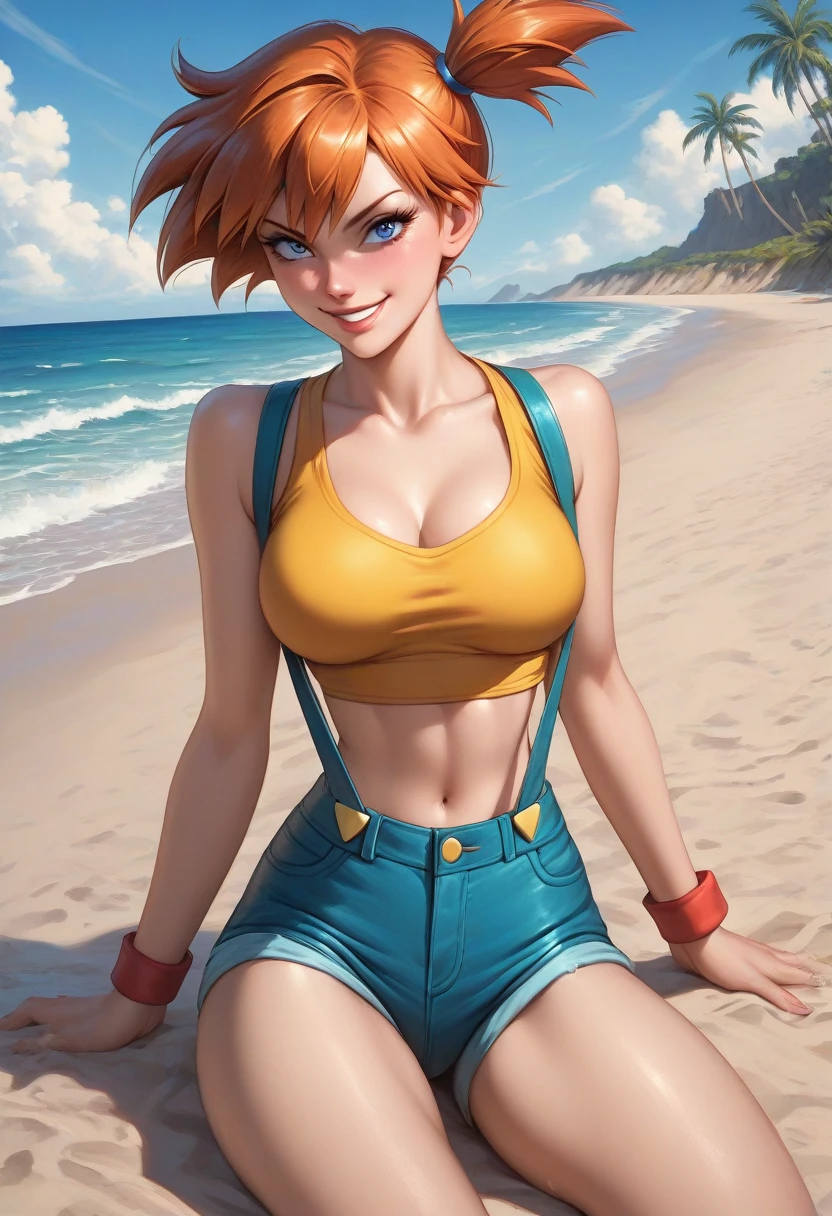 score_9, score_8_up, score_7_up, sksgw, retro artstyle, BREAK, 1girl, misty \(pokemon\), orange hair, wearing a yellow crop top and a short shorts, thong, suspenders, challenging the viewer, smirk, BREAK, sand, sea, blue sky, tropical island background 