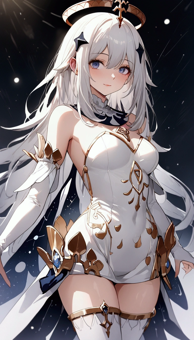 (Masterpiece. The best quality. 8K. Sharp focus. Depth of field, The best shadows. Perfect lighting. HDR. Realistic skin texture. Ultra-detailed background. Detail). Anime style. Genshin Impact. 1 girl. Goddess. Goddess Celestia. Paimon. Adult Paimon. Snow-white hair. Long hair. A diamond-shaped star clip in her hair. Ultra-detailed hair quality. Eyes - starry, night sky. Beautiful eyes. Beautiful eyes. Expressive eyes. Ultra-detailed eye quality. Perfect face. Beautiful face. Beautiful nose. Thin lips. Light makeup. Ultra-detailed face quality. Perfect anatomical body. Slender body. Slender waist. Second size breasts. Beautiful arms. Rounded hips. Long, beautiful legs. Tall. Ultra-detailed body quality. Light black dress with constellations.  High heeled boots. Elbow-length gloves. Ultra-high clothing detail. Faint smile. No background. White background. No wallpaper. White wallpaper. Standing at full height. Standing at full height. Full body.