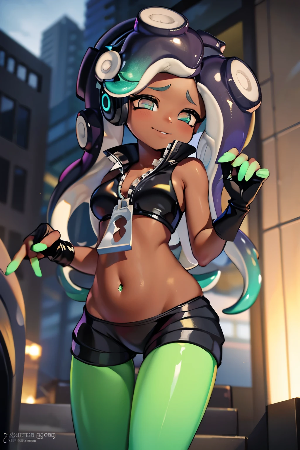 (8k, raw photo, masterpiece, extremely detailed, best quality, professional lighting, high res), BREAK beautiful and adorable girl, marina, splatoon, green fingers, tentacle hair, slim body, BREAK city