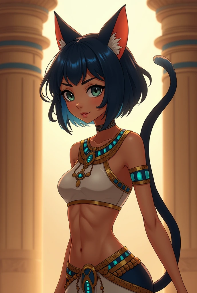 NSFW, Masterpiece, Best Quality, Ultra-detailed, illustartion, epic lighting, cinematic  composition, 1girl, catgirl, Ankha (Animal Crossing), erotic pose, Erotic dance, yellow skin, cat tail, cat ears, Short blue hair, Bangs, whitedress, Cowboy shot, expressionless, (looking a viewer:1.1), exteriors, desert, Sand, an oasis, Palm trees, rivers, pyramid, (8K:1.1)