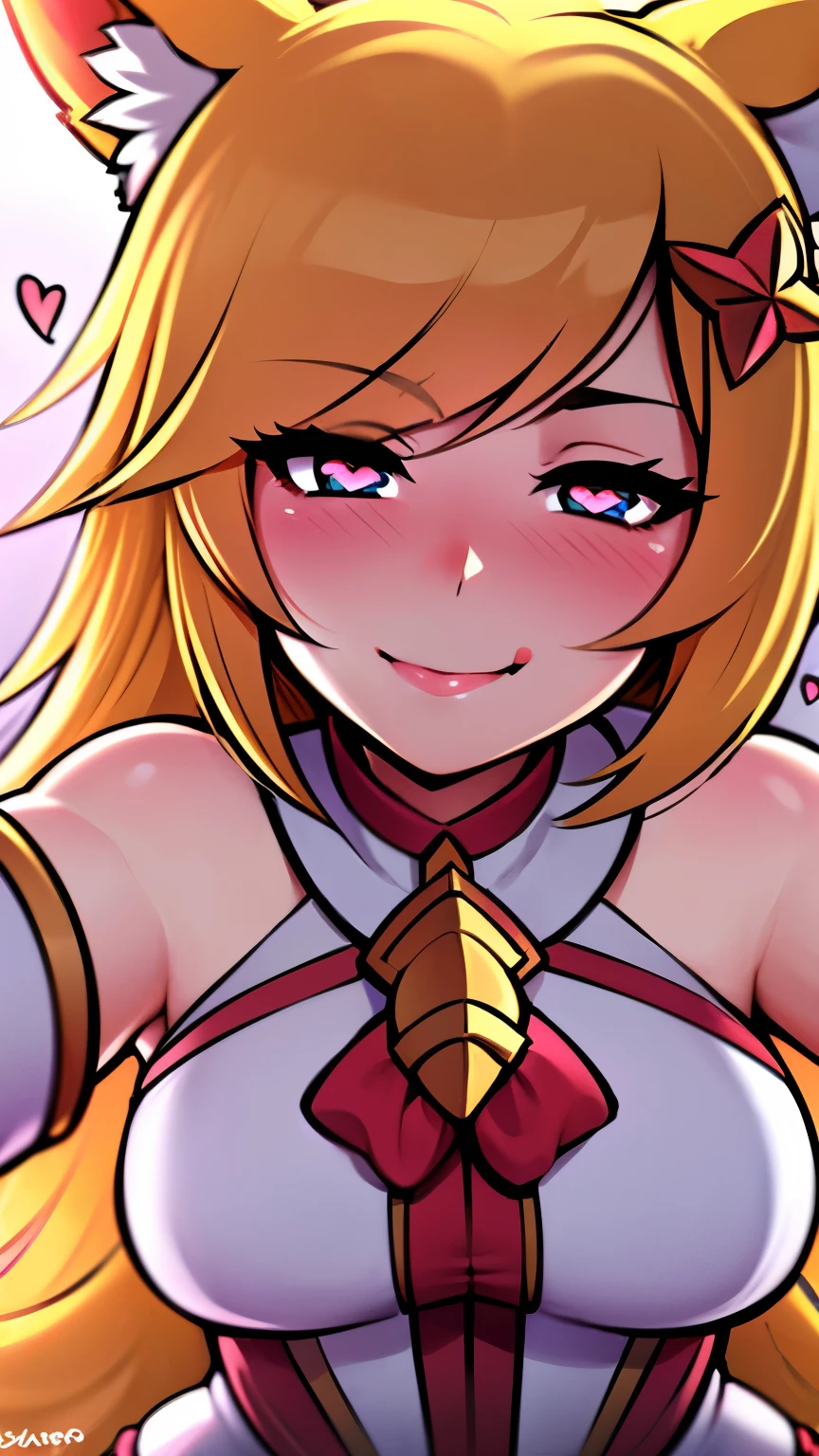 Celling background, Heart-shaped_pupils, starguardianahri, elbow gloves, hair ornament, (skirt:1.1), star guardian \(league of legends\, blonde hair, long hair, fox tail, fox ears, blue eyes, small breasts, ((upper body:1.3)), 1girl solo, kabedon pov, smile, ((blush:1.2)), drooling, (licking her own lips:1.4), ((heavy breathing:1.3))