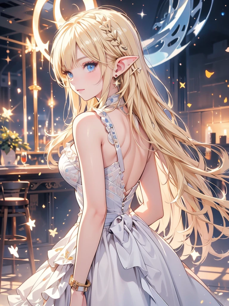 masterpiece, best quality, 1lady, ultra detailed, ultra highres, 8k, well-definded facial features, anatomically correct, cute lady, long pointy ears, elf, nice face, blonde hair, blue eyes, universe, Apollo, Apollo  suit, standing on the moon, 