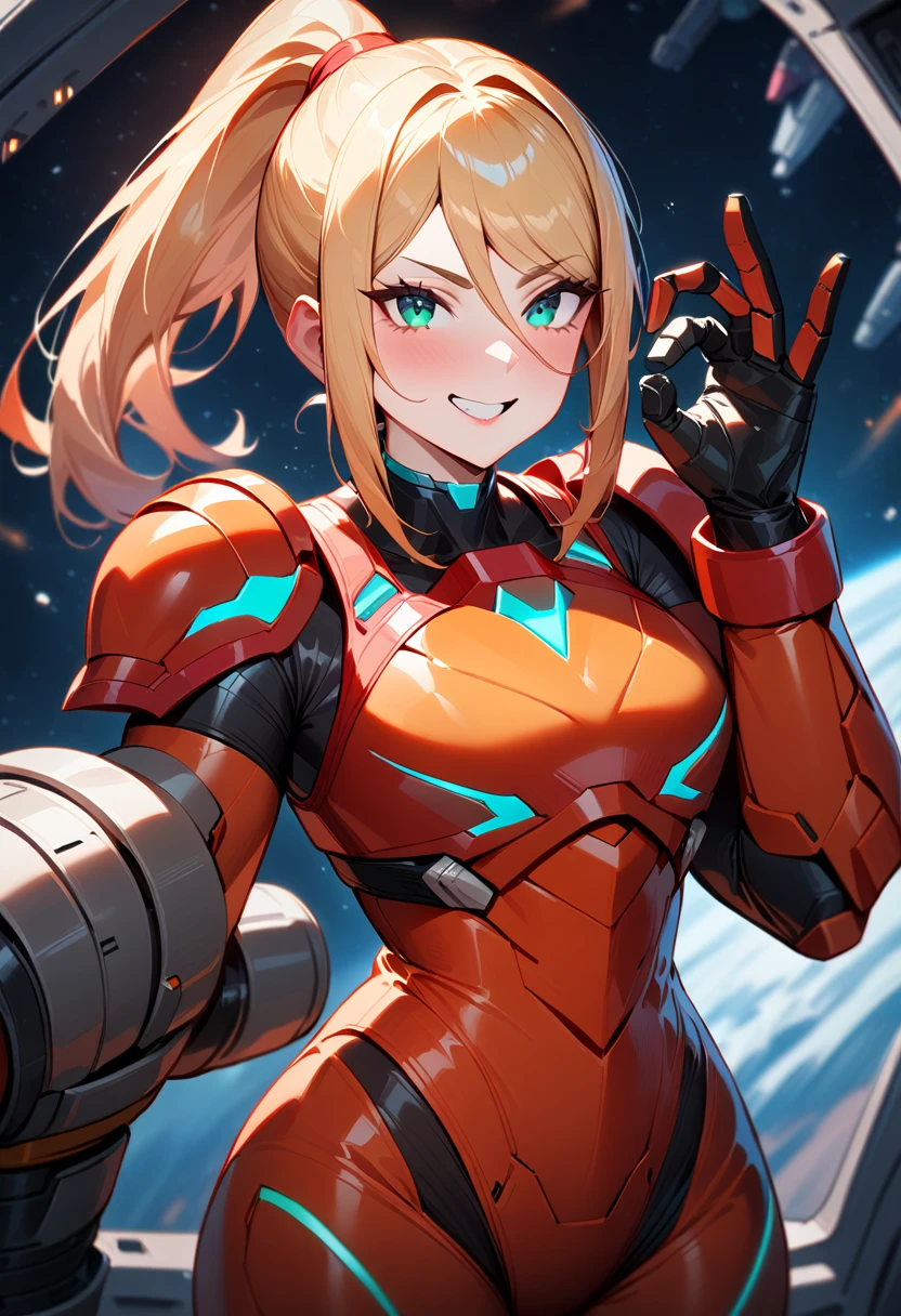 1girl,Samus aran,solo,helmet, green eyes,blonde hair,power armor,ponytail,arm cannon,red chest armor, big shoulder armor,cowboy shot,in space ship,zero gravity,Science fiction,ultra-detailed,sharp focus,aesthetic,(best quality), inviting felllatio, blowjob gesture, teasing,