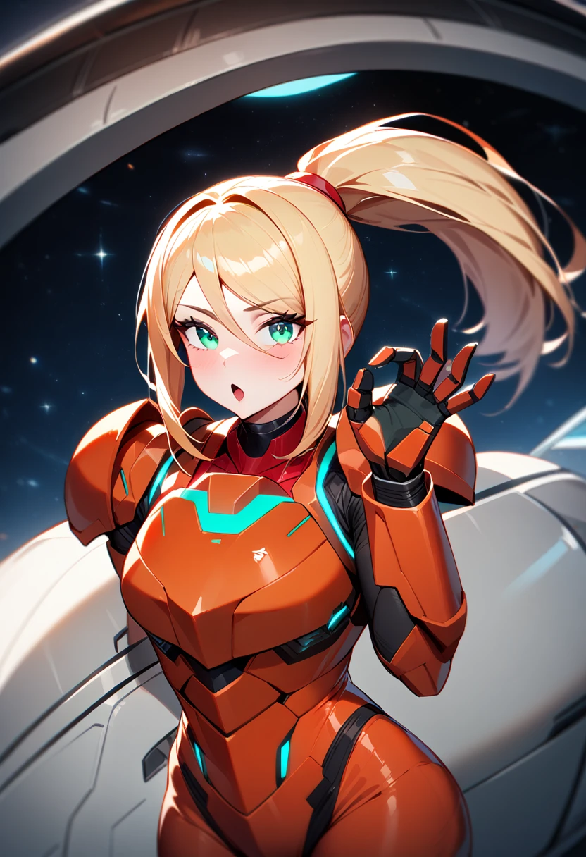 1girl,Samus aran,solo,helmet, green eyes,blonde hair,power armor,ponytail,arm cannon,red chest armor, big shoulder armor,cowboy shot,in space ship,zero gravity,Science fiction,ultra-detailed,sharp focus,aesthetic,(best quality), inviting felllatio, blowjob gesture, teasing,