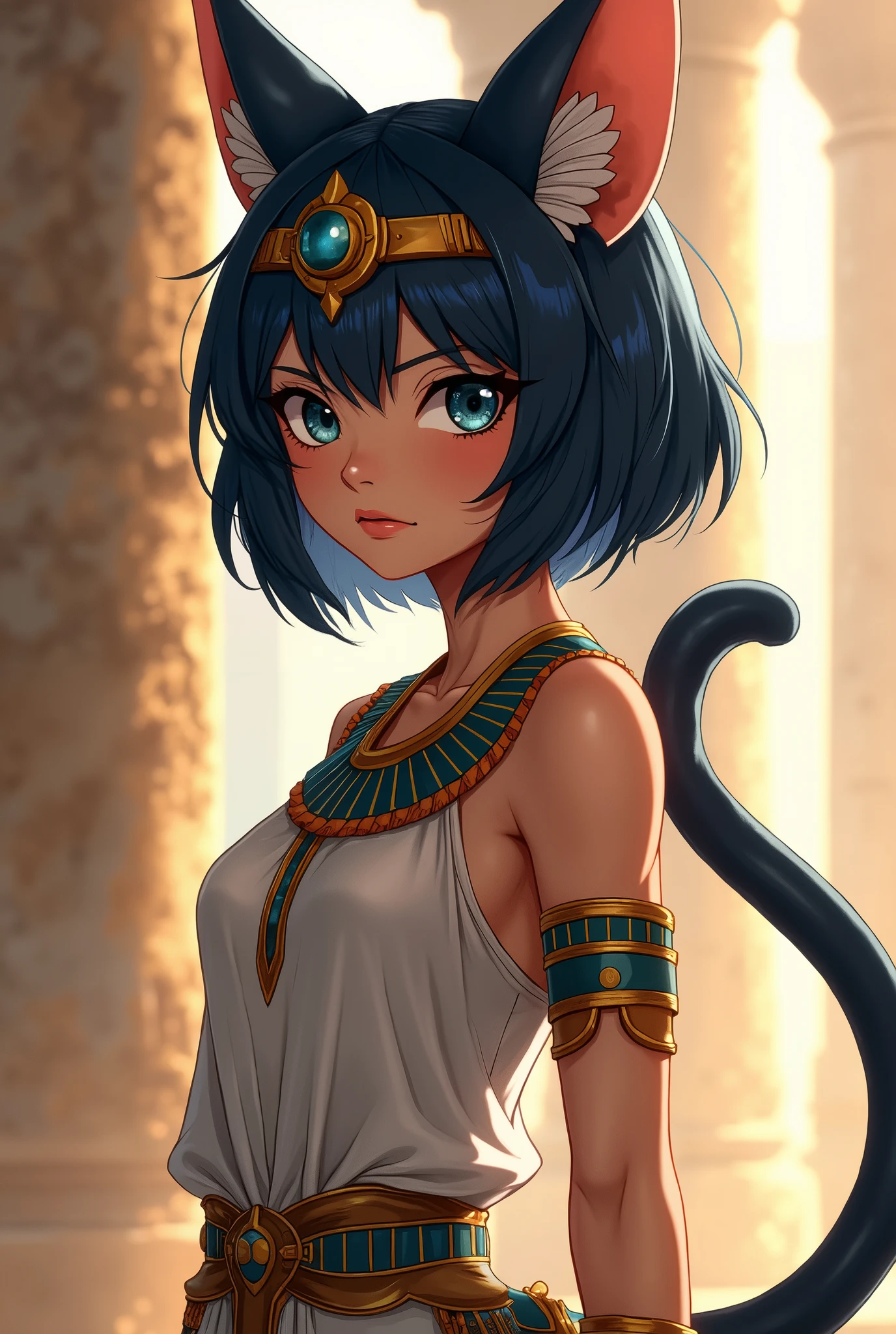 masterpiece, best quality, ultra-detailed, illustration, epic lighting, cinematic composition, 1girl, catgirl, ankha (animal crossing), yellow skin, cat tail, cat ears, short blue hair, bangs, white dress, sitting, (from below:1.1), cowboy shot, expressionless, (looking at viewer:1.1), outdoors, desert, sand, oasis, palm trees, river, pyramid, (8k:1.1) <lora:ankhaAnimalCrossing_ankhaV1:0.8>