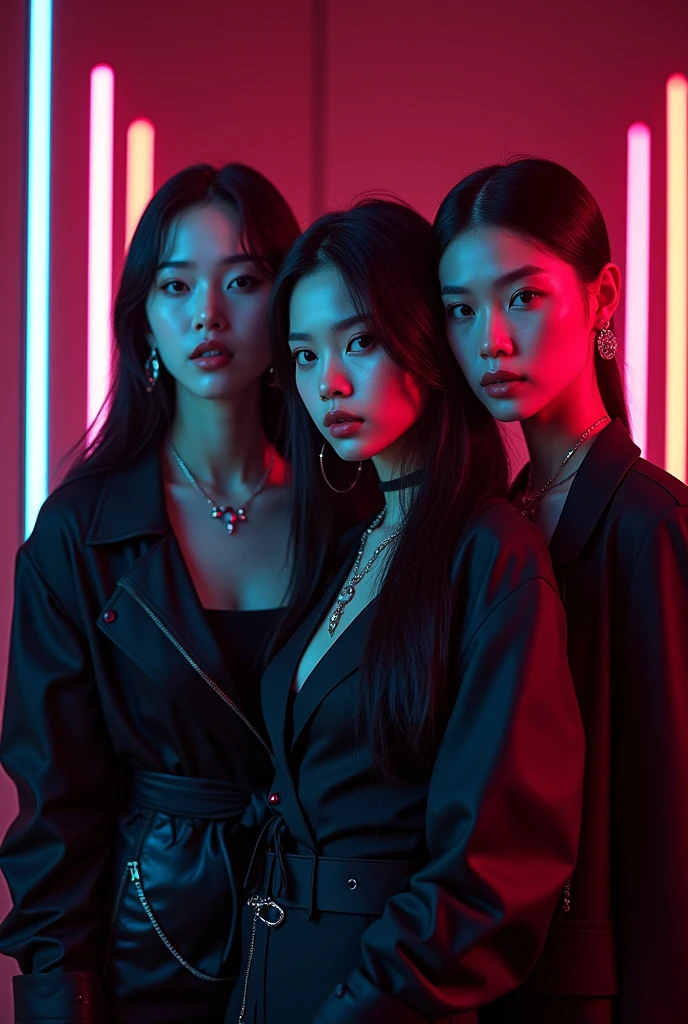 I'm taking photos for a new concept album. Create girl group concept photos in a mysterious, seductive, and enchanting style