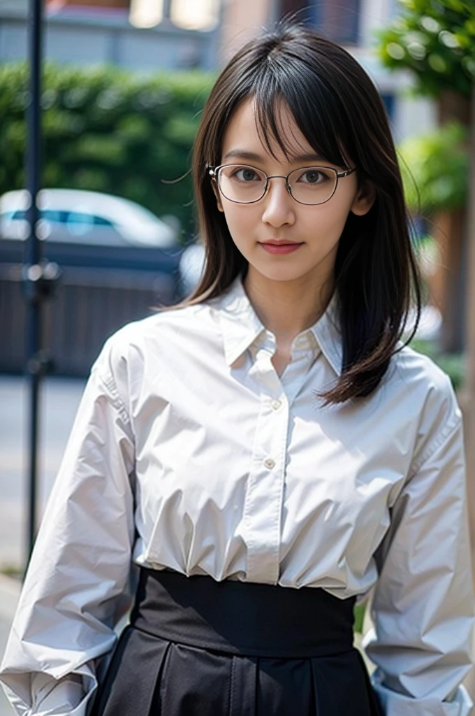 (8K、Raw photo、Highest quality、masterpiece:1.2)、(Realistic、Photorealistic:1.37)、Ultra-detailed、Ultra-high resolution、1 girl、Seeing the viewer、Beautifully detailed face、Laughter、narrow、(Slim waist) :1.3)、shortcut、Beautifully detailed skin、Skin Texture、Floating Hair、Professional Lighting、Waiting for the train on the platform、Black-rimmed square glasses 、Human whole body、Brown Hair、
