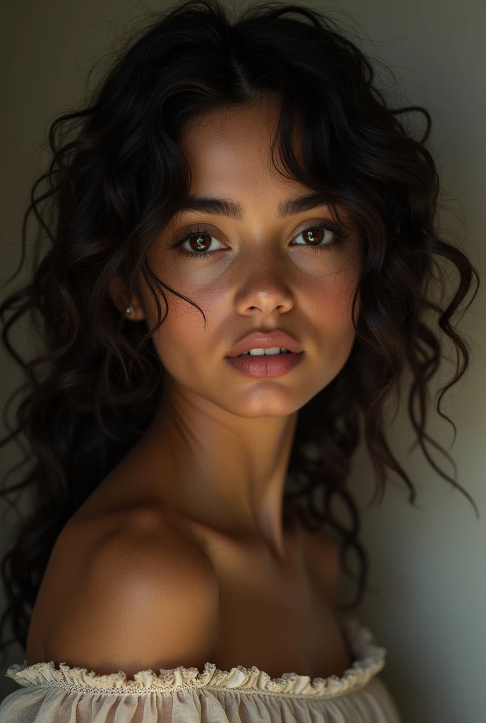 Black and Vietnamese mixed-race naked woman with turquoise eyes and fake boobs. And very Curly hair with freckles. And heterochromia