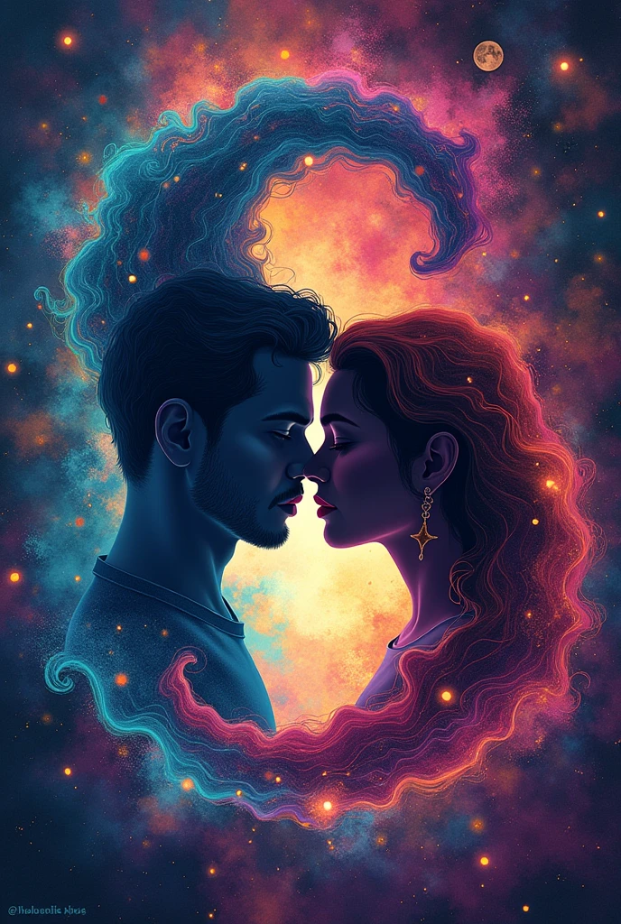 nude upper body couple, scene of appearance of marital figures from unimaginably spectacular glowing clouds, threads of fractal nebula, cosmic entity, celestial body, universe, vibrant vivid, swirling, spinning, unreal, high contrast, symbiosis, magic, mysterious, mysterious, surreal, oversaturated, colorful