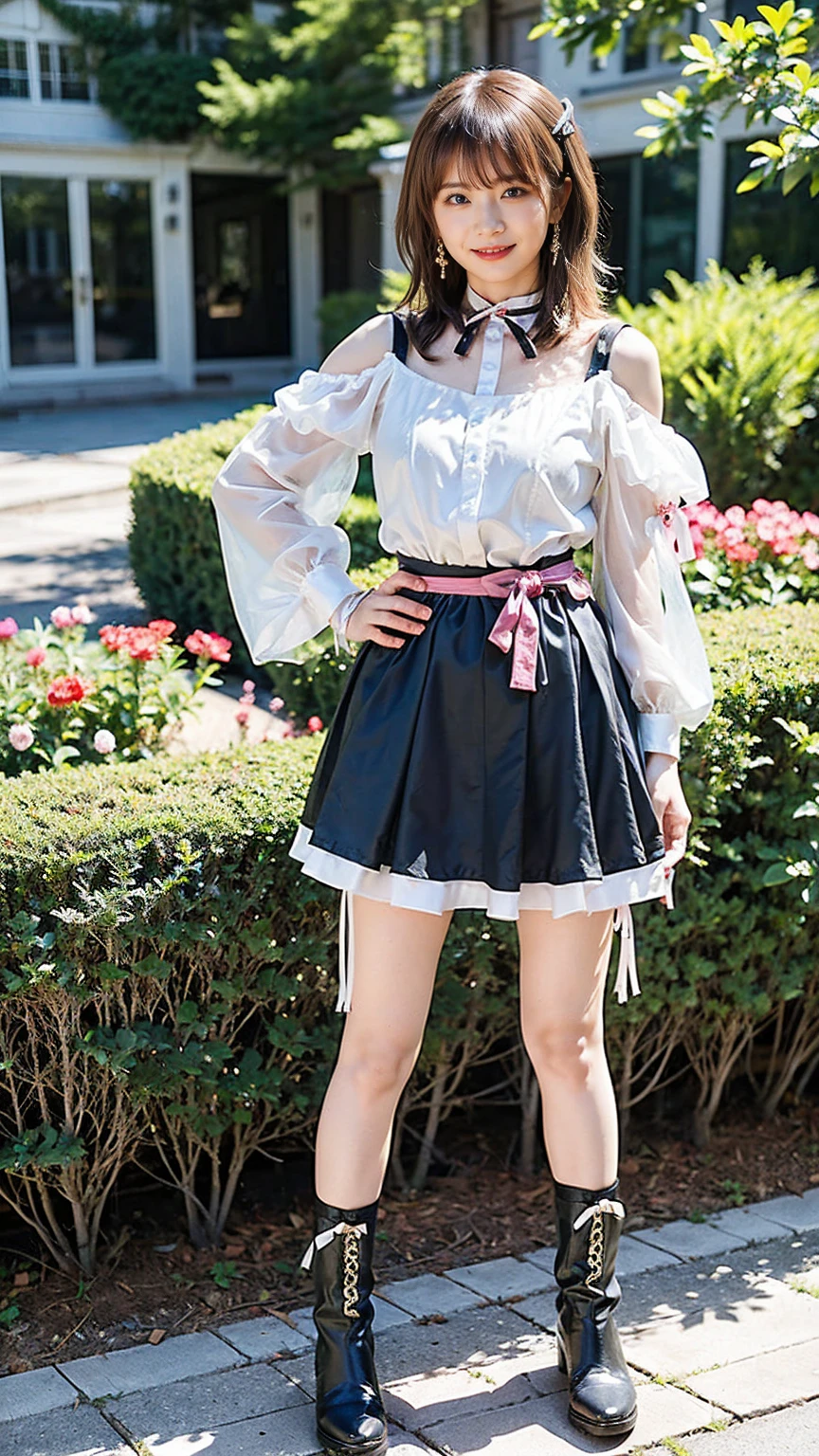 (8k、RAW Photos、Highest quality、masterpiece:1.2)、(Realistic、Realistic)、1 person、((White and black miniskirt、blouse、See-through、Shoulder visible、garden、Breast enlargement、boots、ribbon、Thin legs、whole body、View from the front、Looking into the camera、Stand with hands on hips))、cute