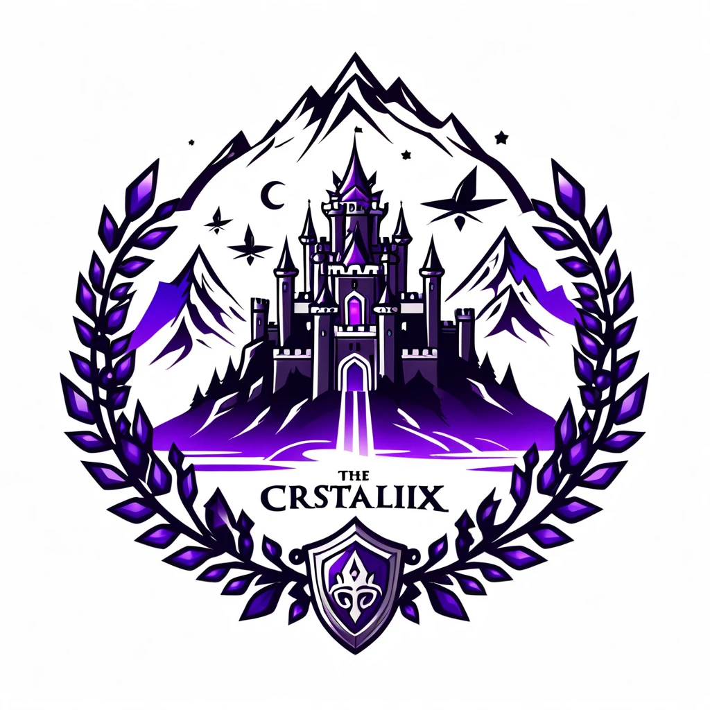 fantasy game logo, Crystals, the forest, Castle, falling meteor, logo, coat of arms, по середине coat of arms с мечами и знаком Омега, beautiful inscription "Cristallix", on the right warriors are descending from the mountain, in purple and black