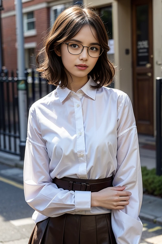 masterpiece, best quality, ultra quality, high quality, realistic, photo realistic, warm lighting,natural lighting,cinematic lighting,RAW photo, hyper detailed, intricate detailed, perfect anatomy, Fujifilm XT3,1girl,Japanese,(slender abs:1.3), hairy pussy,camel toe, Black very short bowl cut hair with blunt bangs, (from front:1.1),(look at camera:1.1),smile,(blushing:1.3),teary eyes,(standing:1.2),bedroom,(mideum shot),(Glasses),(smile),(no bra,braless:1.3),(wearing collared white blouse:1.3),(wearing striped panty:1.3),(wearing tartan check skirt:1.3),braless,