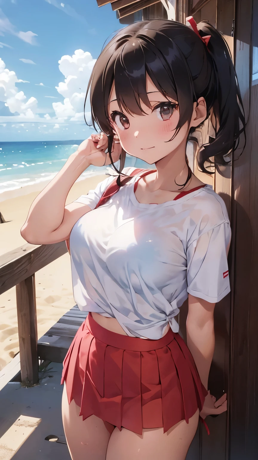 Shiba Miyuki、Her white shirt is showing through、Big breasts pushed together、Red Front Hook Bra、A super short red mini skirt、Panty shot、Cute white string panties、Sandy beach, sea, blue sky and cumulonimbus clouds