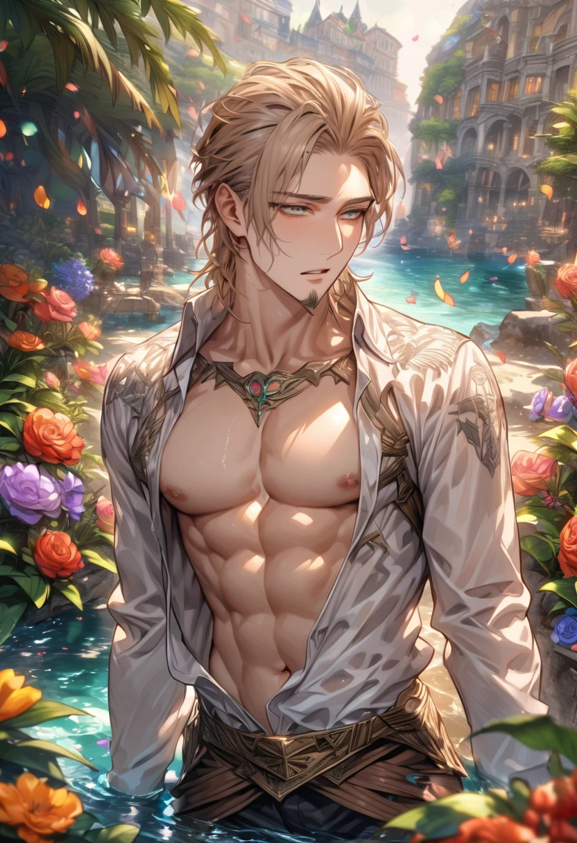 (absurdres, highres, ultra detailed, HDR), masterpiece, intricate, best quality, half body from below:1.1, portrait of a handsome anime character from ayashino ceres, short hair, original hair, captivating scene , boy enjoying a luxurious poolside. happy face, topless, see through shirt showing chest, wearing very short shorts showing legs, slightly hairy, Incorporate elements of nature, architecture, and the character's unique charm to create a visually stunning and immersive environment, art kenouji.