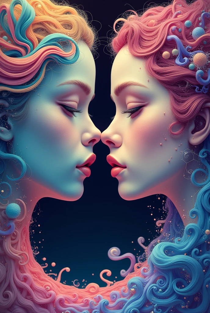 Two beautiful women kiss superimposed double exposure kiss pose love pose erotik pose profile fine art body study intimate detailed face detailed eyes by Jean Bapstiste Monge Takashi Murakami Yoh Nagao lisa. HDR, UHD 32k. --AR 16:9, --v 5.2, -- seed 777