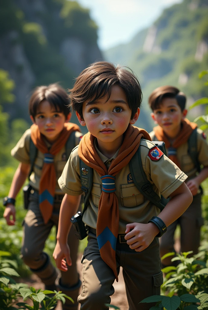 Obra-prima, de melhor qualidade, no estilo Disney pixar, baby with black eyes and hair wearing a boy scout outfit from the film Up High Adventures.