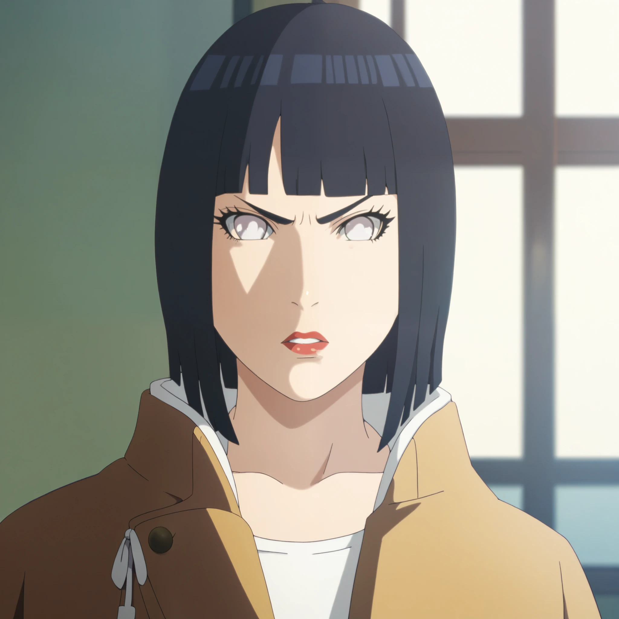 masterpiece, absurdity, Best quality, complex details, very detailed anime illustration, High resolution, One, Hinata, stands in the room, sexy face with full makeup, angry face, Fury, parted lips, looks at the viewer, with disgust, Black hair, , white eyes, plump red lips, wears leather gloves, high quality, high quality
