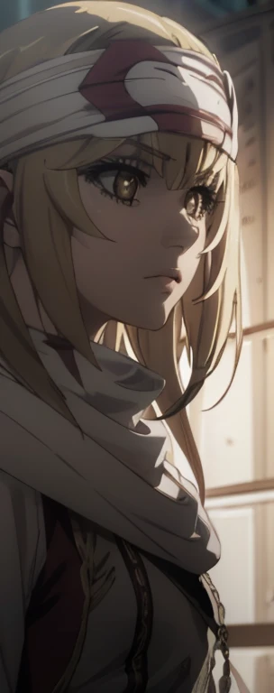 a beautiful blonde girl standing, cowl headband, Misaki Shokuhou, intricate detailed face, large expressive eyes, detailed delicate lips, long eyelashes, elegant posture, beautiful detailed dress, detailed fabric texture, chiaroscuro lighting, cinematic composition, dramatic lighting, high quality, 8k, photorealistic, masterpiece