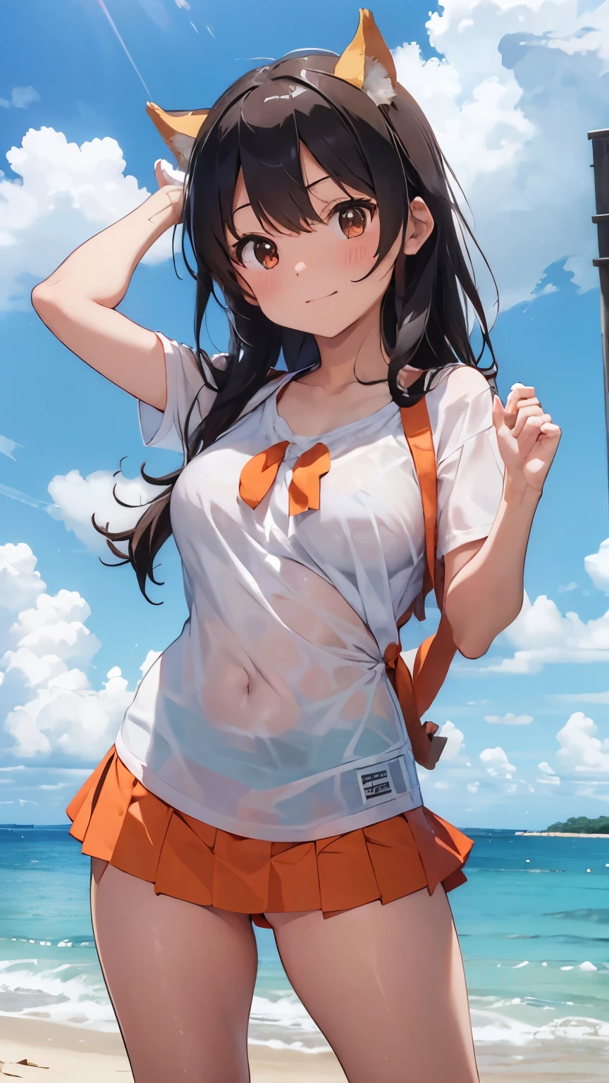 Shiba Miyuki、Her white shirt is showing through、Big breasts pushed together、Orange, small size, cute junior bra、A super short red he shyly holds up her skirt with both hands、Cute white string panties、Sandy beach, sea, blue sky and cumulonimbus clouds