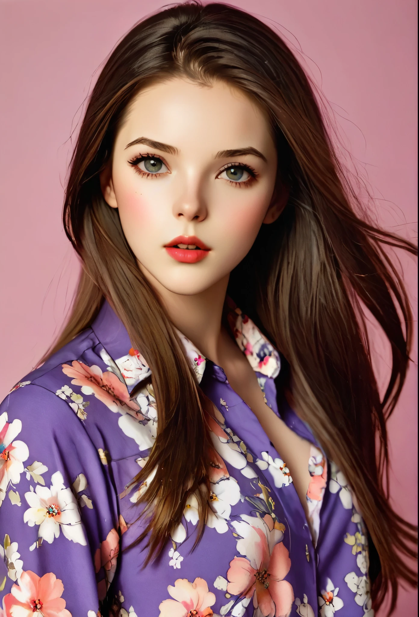 Girl, long straight brown hair, dark gray eyes, sharp features, white skin, pink lip gloss, soft natural makeup, perfect appearance, floral shirt, purple background.