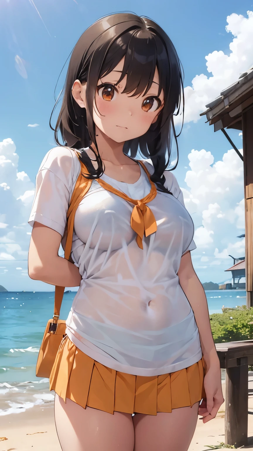 Shiba Miyuki、Her white shirt is showing through、Big breasts pushed together、Orange, small size, cute junior bra、Orange super short he shyly holds up her skirt with both hands、Cute white string panties、Sandy beach, sea, blue sky and cumulonimbus clouds