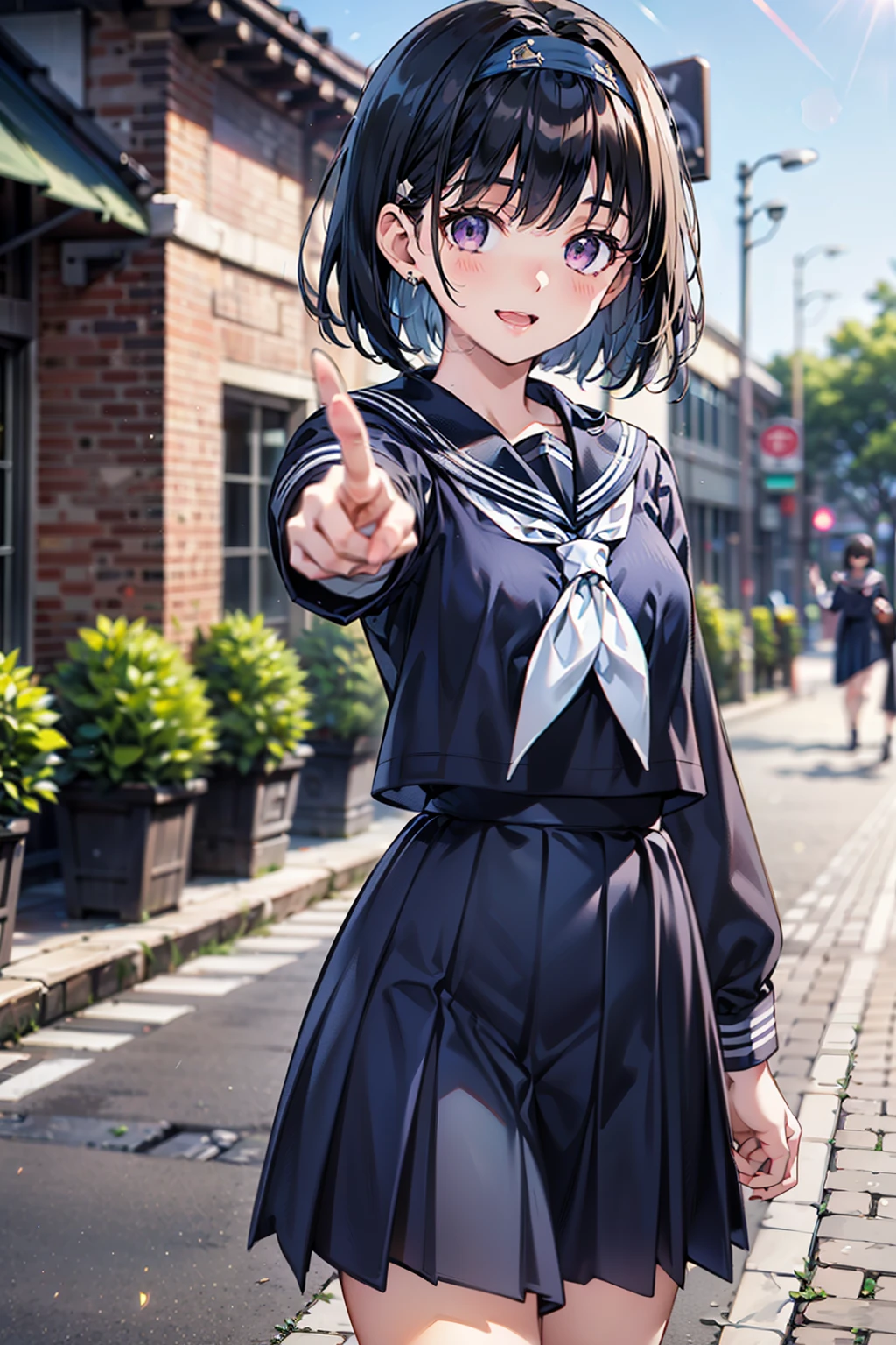 body 8 times longer than head, (Highly detailed CG unity 8k), (highest quality)，(very detailed)，(ultra high resolution), black hair, High school girl wearing a navy sailor suit, Anime 2D rendering, realistic young anime high school girl, (White headband:1.4), smile, purple eyes, small breasts, tall, slanted eyes, (school scenery), bright color, open your mouth a little, (Dark blue long skirt:1.4), bob cut, (blurry background:1.4), Glossy kneecaps, Pointing index finger towards camera, 