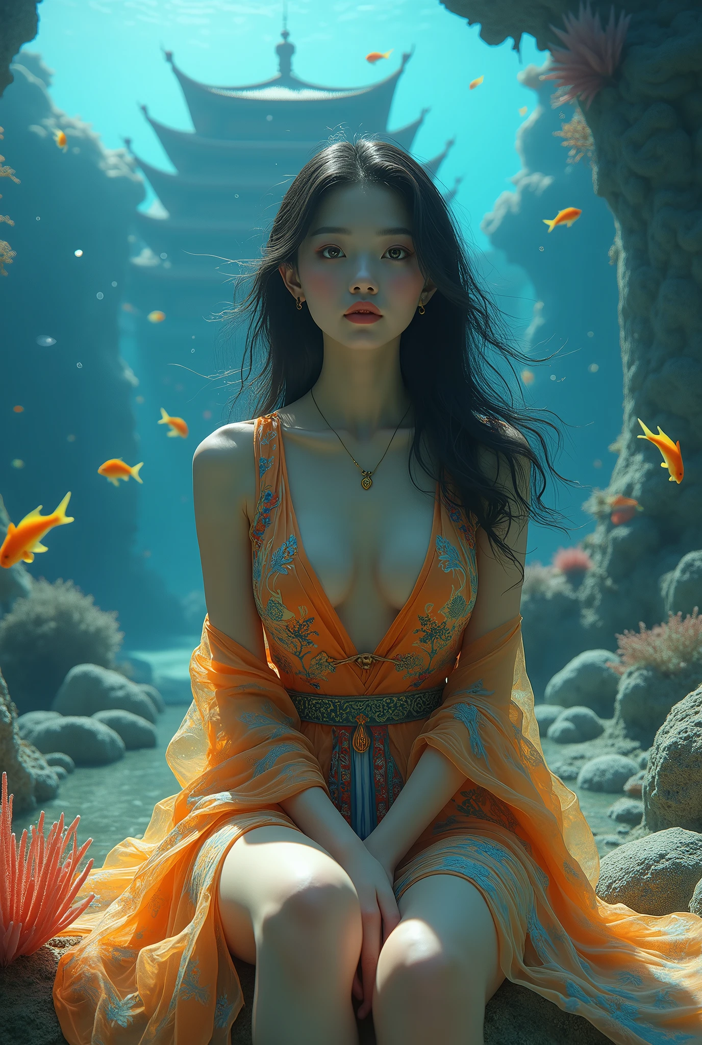 (((Otohime)))、young woman、(Beauty)、Japanese、cute、1、Sexy unbuttoned kimono、Background: Dragon Palace in the sea、(((seabed)))、(best quality,4K,8k,highres,masterpiece:1.2),ultra-detailed,(realistic,photorealistic,photo-realistic:1.37),HDR,uhd,studio lighting,ultra-fine painting,sharp focus,physically-based rendering,extreme detail description,professional,vivid colors,bokeh,cinematic lighting,dramatic shadow,