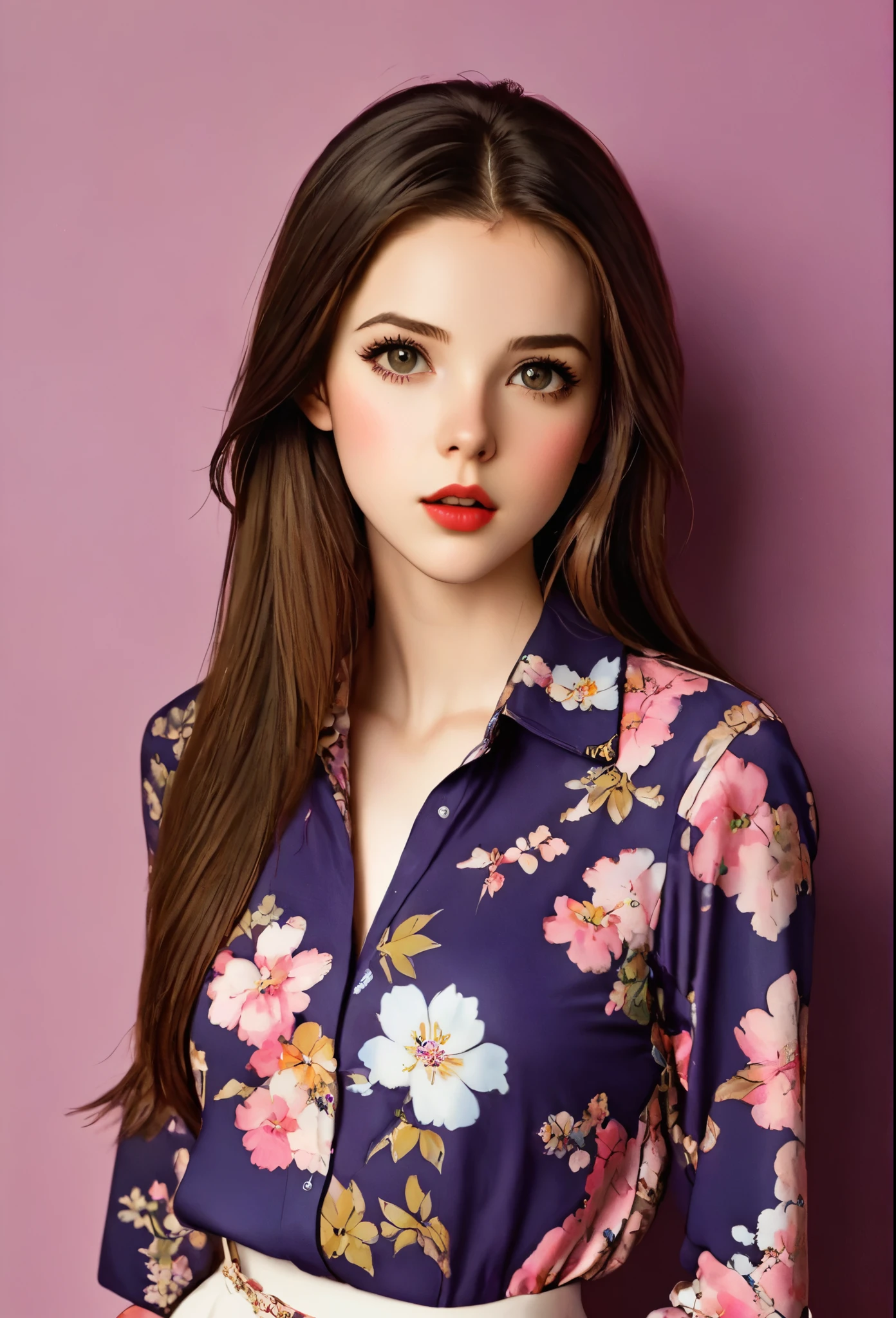 Girl, long straight brown hair, dark gray eyes, sharp features, white skin, pink lip gloss, soft natural makeup, perfect appearance, floral shirt, purple background.