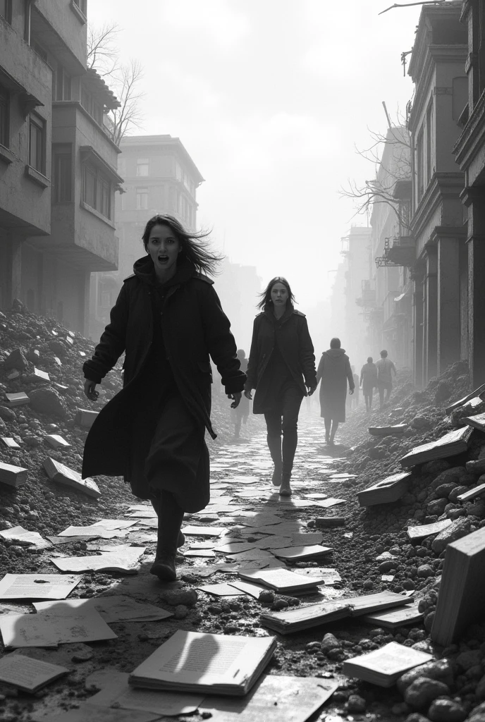 Create a moody black and white movie poster in the style of Hajime Isayama's attack on giants. The poster should prominently appear Erin Jaeger, Dressed as Paradise Island and ODM Equipment, Looking forward to the city of the end of the world