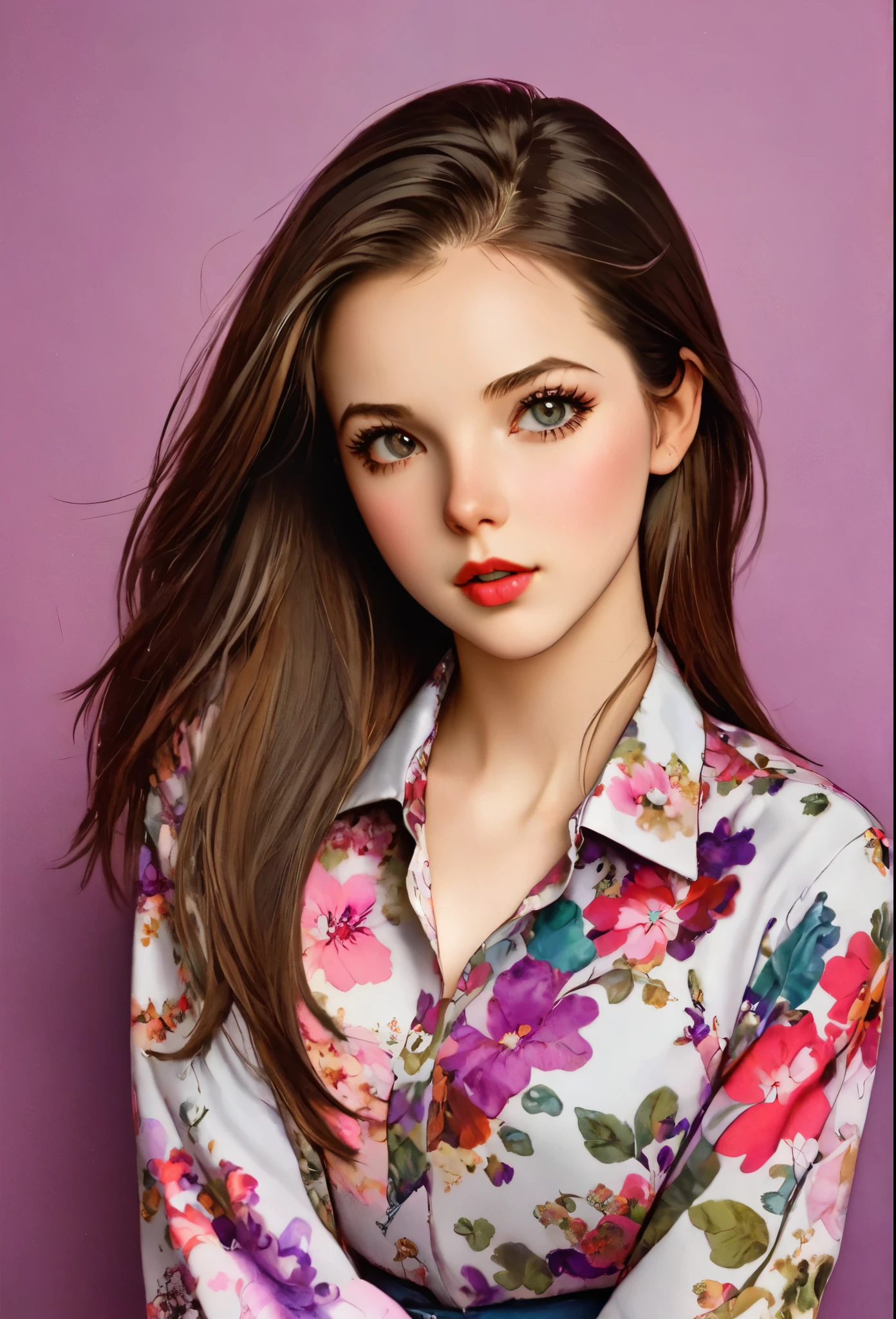 Girl, long straight brown hair, dark gray eyes, sharp features, white skin, pink lip gloss, soft natural makeup, perfect appearance, floral shirt, purple background.