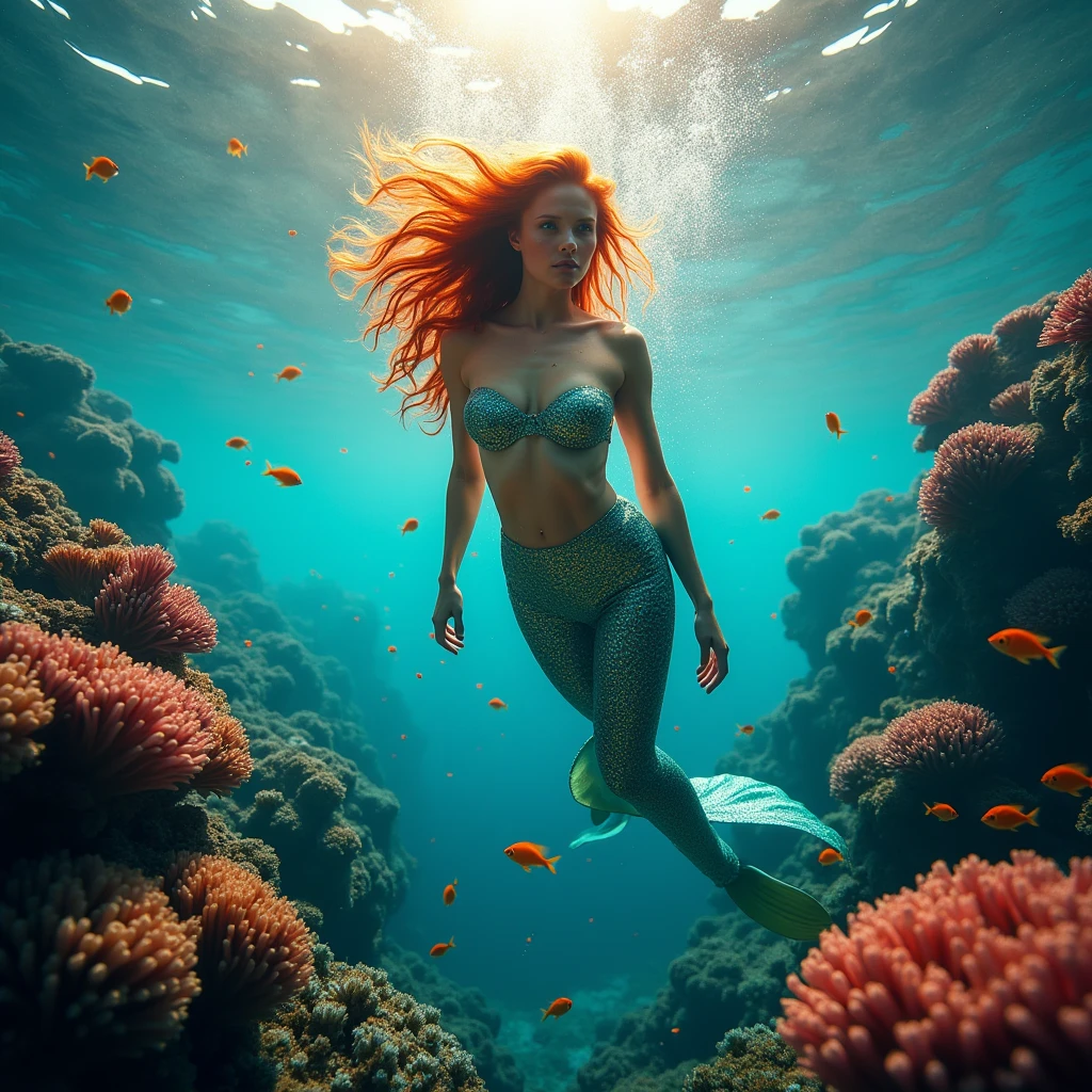 award winning underwater photo,  diving woman with whole body and an anatomically correct body, wearing diving goggles, a 16-year-old. wunderschöne Red-Hairede junge Frau , ponytail, beautiful detaileld face, perfect face, perfect full body, perfect anatomy, Red-Haired (Christa Theret: 1.3), ( Alexia Fast: 1.3),,Highly detailed youthful face, proporções perfeitas, ((red hair)), pony tail, wet curly hair, very detailed, diving mask,  cheerful face, 16K, HDR, broad light, high contrast, keen focus, RAW color photo, diving nude in a coral reef, dynamic diving moves, swimming moves, side view, hoop earrings, full body view, wide angle view, masterpiece