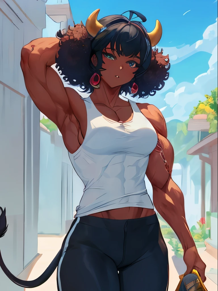 anime, best quality,ultra-detailed, full body portrait,african female african woman, black woman, , firbolg, horns, bull horns on her head, black hair, tall and muscled, fit anime girl, hooves, afro curly black hair, cow ears, very curly hair, fit anime girl, black skin, muscled biceps, muscled abs, white tank top, gentle eyes, beautiful face, dark pants, cow tail, powerful warrior woman. amazon warrior, tribal.
