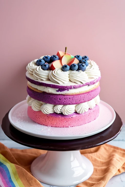 Vanilla cake with pink frosting, decorated with chocolate sauce, blueberries, apples, oranges, an oreo cookie, whipped cream, and rainbow sprinkles