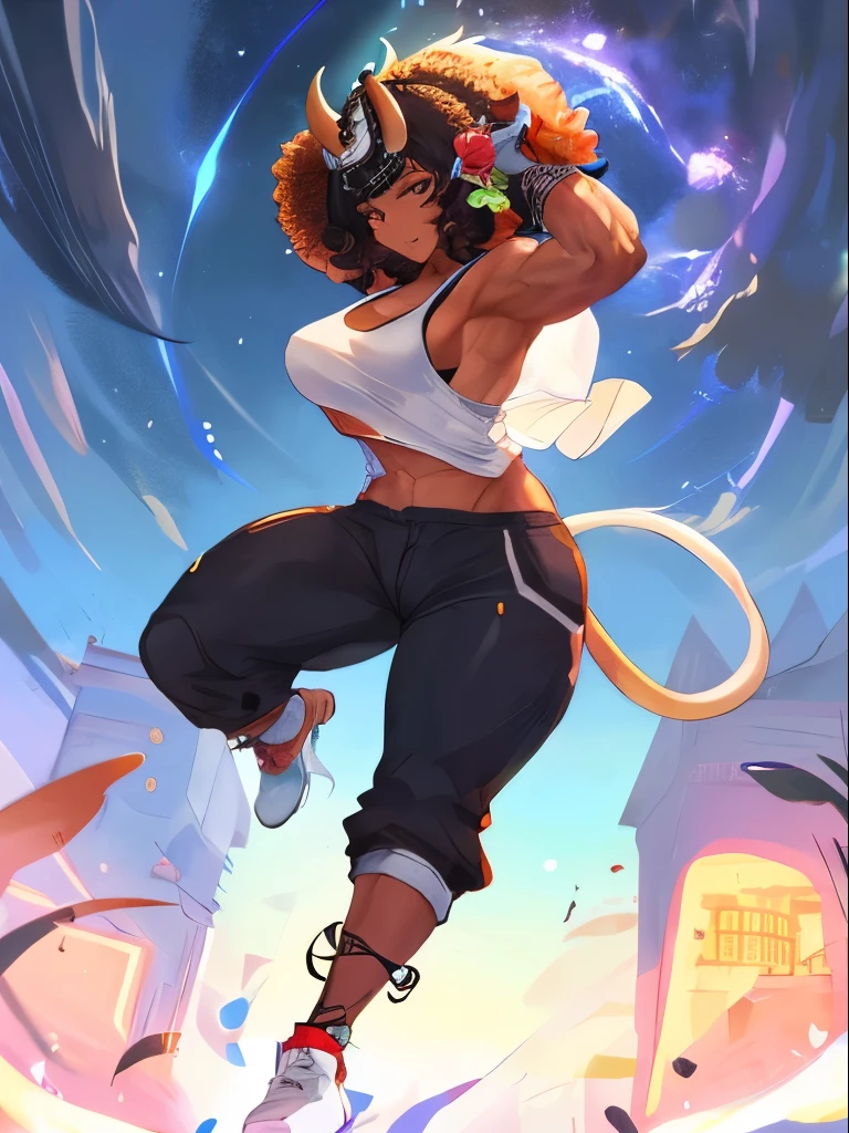 anime, best quality,ultra-detailed, full body portrait,african female african woman, black woman, , firbolg, horns, bull horns on her head, black hair, tall and muscled, fit anime girl, hooves, afro curly black hair, cow ears, very curly hair, fit anime girl, black skin, muscled biceps, muscled abs, white tank top, gentle eyes, beautiful face, dark pants, cow tail, powerful warrior woman. amazon warrior, tribal.