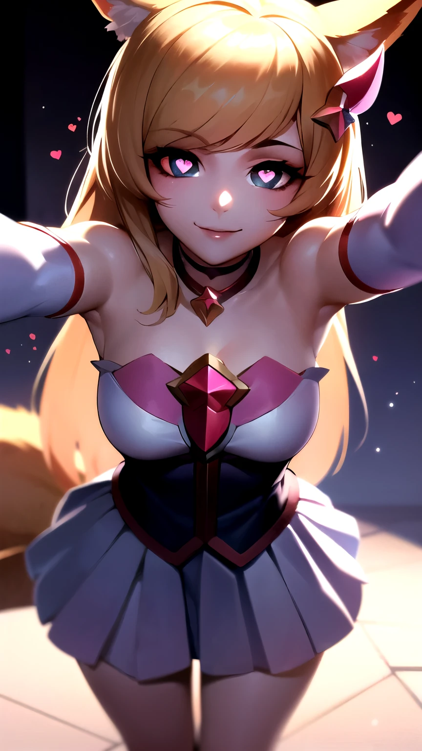 Heart-shaped_pupils, 1girl solo, kabedon pov, (solo, 1girl), starguardianahri, (elbow gloves, hair ornament, star guardian \(league of legends\), chocker, blonde hair, long hair, fox tail, skirt, ), outstretched arms, smile,