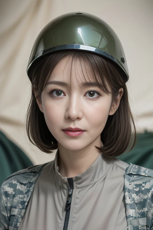 Mature attractive sexy woman,50 years old, ((((Combatant))))、(((Military)))、((helmet))、((((Combat Uniform))))、((survival))(((Automatic rifle))),Shut,((Big Breasts:1.2)),(Facial wrinkles:1.3),light makeup,((Light brown hair)),Medium Hair,(Full body photo:0.85),(),8k, RAW Photos, Best Quality, masterpiece,Best Quality、、A captivating gaze、Random Hairstyles、、((((Scene from a camp in Afghanistan))))、((One Mature Woman))、((Only one person is visible))、