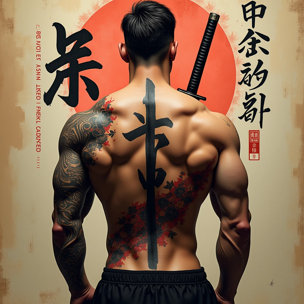 full-body shot,傳統的日本俊美強壯男人full-body shot的龐克拼貼,muscle,tattoo,Underpants hair punk, Stylish shooting editing style, Hypebeast Super Fast Fashion Gang Logo