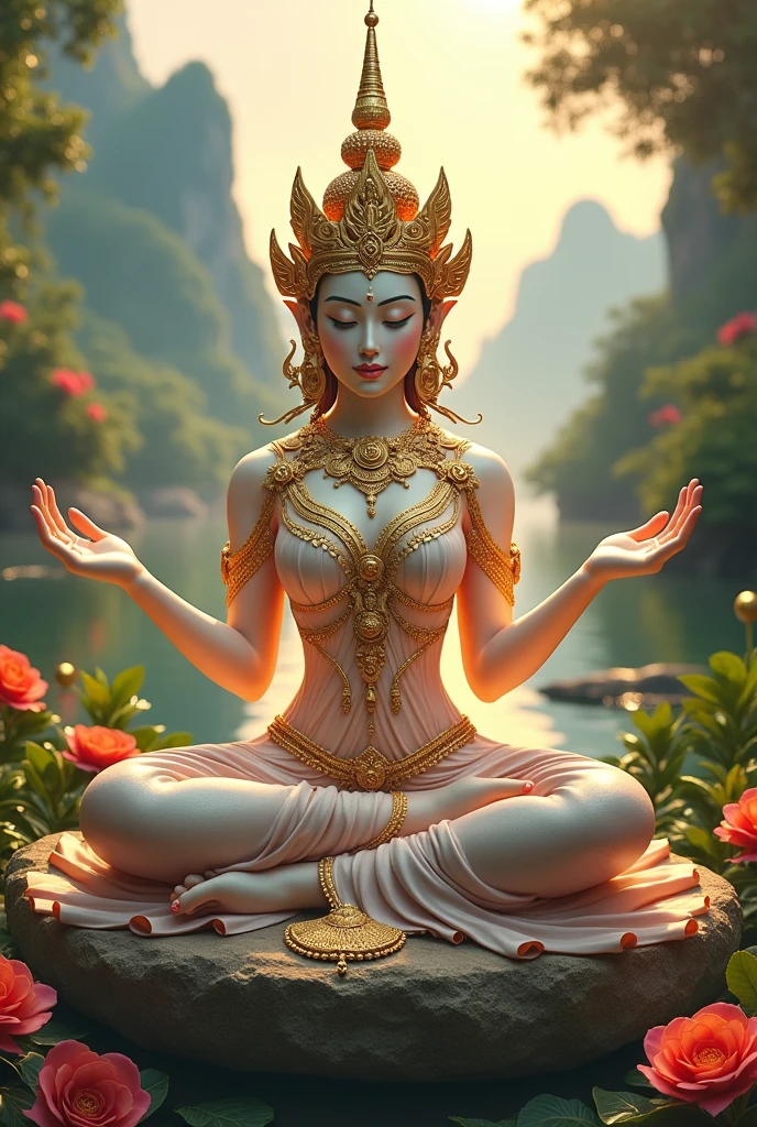 There is a beautiful goddess sitting on a large lotus flower in the void,Perfect body posture,meditative sacral pose,Long curved eyebrows,Beautiful eyes sparkle,The large, Jewel-like eyes sparkle,Clear pupils have reflected light,二重まぶた,((Plump and rosy lips))Nipples clearly visible,((Flushed cheeks)),The mandible is plump,Fair skin is delicate and smooth,Delicate skin translucent,A delicate and dexterous crown,inlaid gemstones,Exquisite and ingenious,inlaid gemstones,Sitting on a light red lotus in the air,look straight at the camera,((Pinch the stem of the lotus flower with one hand)),Place the other hand(((Open palms))),(nice hand),(Good feet),(good legs),realisticlying,white skinned,((Correct body structure)),White clothing,decorated in white,Meditate on the lotus pose,baiyun,Blue sky,Head background with round light,Behind him is a colorful rainbow circle,Color glow is turned on,Front lighting,Positive light,No shadows on the face,There are no shadows on the body,Blue sky,Unreal space,ethereal world,dreamworld,with blue sky and white clouds,tmasterpiece,4K,ultra-definition,professional photoshooting,Perspective looks up,Standard lens shooting,