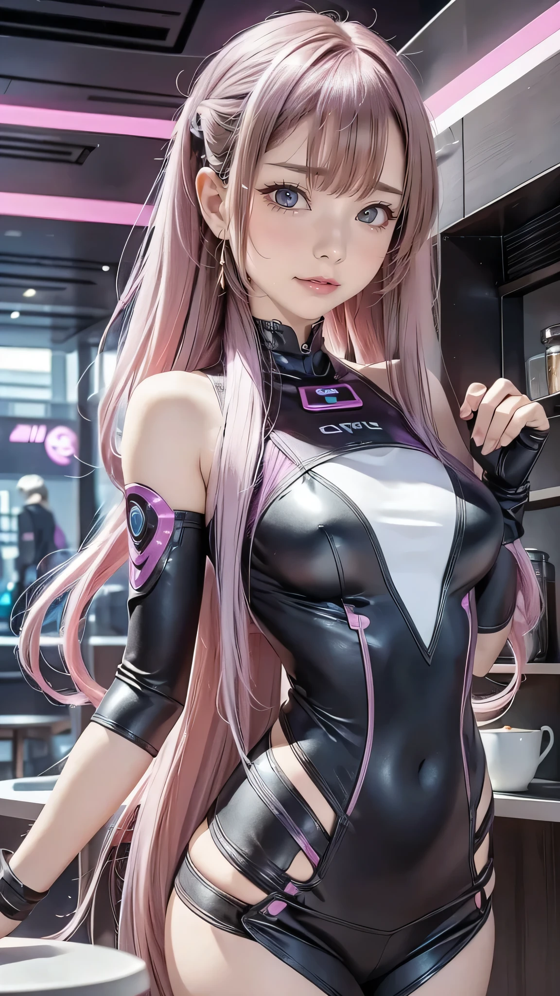 Futuristic Girl,  Purple eyes, space, Pink Hair, Long Hair,  Futuristic Coffee Shop,One girl,Beautiful attention to detail, Detailed face, cute,