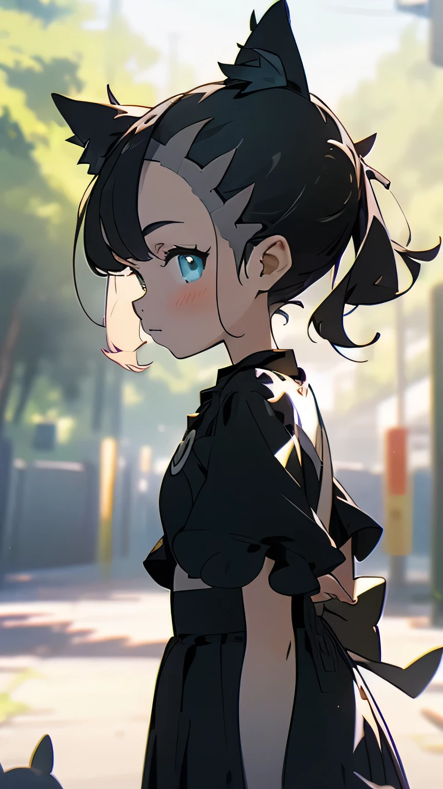 solo, ((marnie pokemon)), ((masterpiece)),((high resolution)), ((best quality)), extremely fine and beautiful, super fine illustration, (realistic skin), (insanely detailed anime eyes), detailed face, vivid and beautiful, shocking sensation, incredibly detailed, beautiful detailed girl, front view, facing at viewer, profile, perfect shadow, realistic lighting shaded, (black hair), ((child)), (small breast), (short pigtails hair), (all black outfit), ((assymmetric bang)), ((cat ears)), (cute)