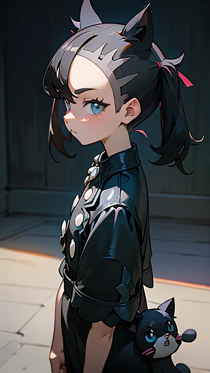 solo, ((marnie pokemon)), ((masterpiece)),((high resolution)), ((best quality)), extremely fine and beautiful, super fine illustration, (realistic skin), (insanely detailed anime eyes), detailed face, vivid and beautiful, shocking sensation, incredibly detailed, beautiful detailed girl, front view, facing at viewer, profile, perfect shadow, realistic lighting shaded, (black hair), ((child)), (small breast), (short pigtails hair), (all black outfit), ((assymmetric bang)), ((cat ears)), (cute), (kitty)