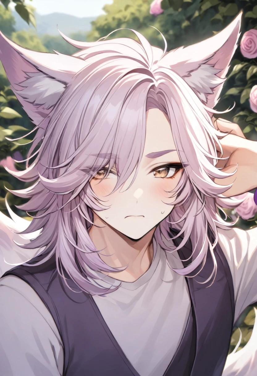 Human-Wolf Hybrid, Male Teenager, Light Tan-Ish Skin, Soft Pink Hair With Deep Blue Hightlight Over Bangs, Short Fluffy Hair With Side-Swept Bangs, Big Pointy Wolf Ears, Long Soft Pink Wolf Tail, Light Brown Eyes, Thick Dark Pink Eyebrows, Purple Moons On Cheeks, Head Tilted To The Side Slightly, Eyes Half Closed, Looking At The Viewer, Nervous Expression, Soft Blush, Holding Arm Up With Fingers Brushing Through Hair, Light Lavender Short-Sleeved Shirt With Gray-Ish Purple Over-Vest, Lavender Wristbands, Dark Gray-Ish Purple Pants, Outdoors Background, Garden Landscape, Surrounded By Roses, Upperbody Headshot, Portrait, High Picture Quality, Ritch Detail.