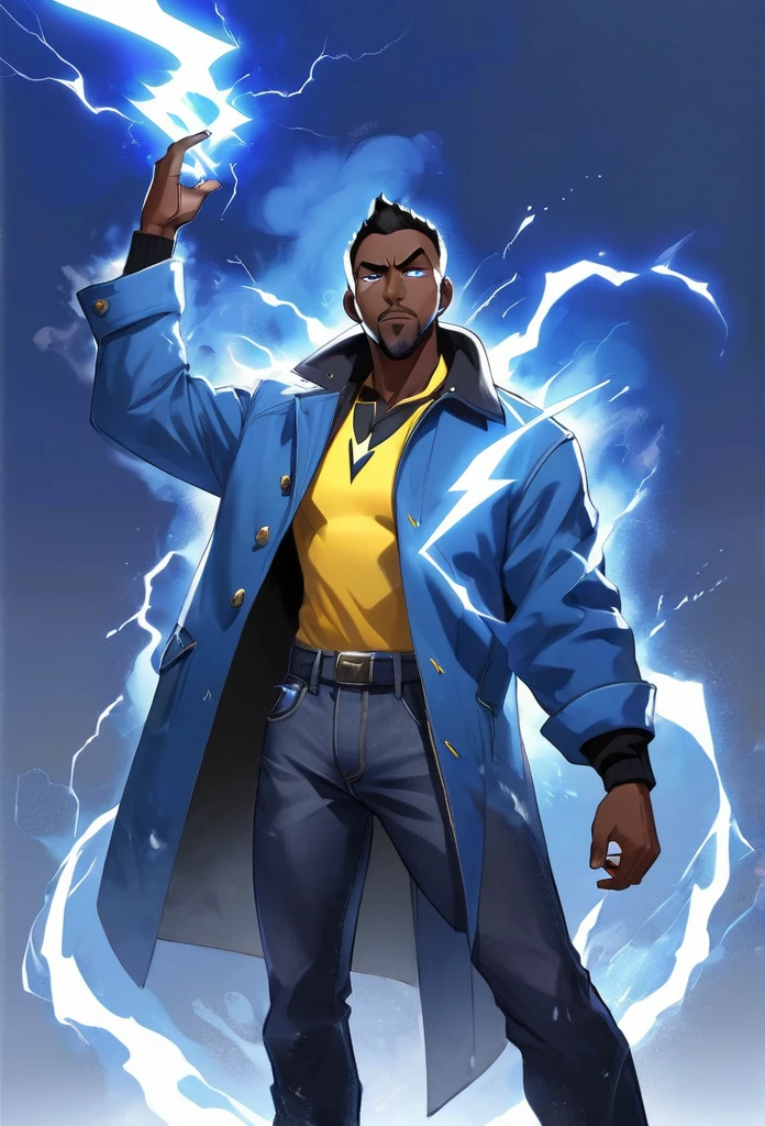 , score_9,score_8_up,score_7_up, mature men, African skin, Bright eyes, short black hair, bulk body shape,  wearing a blue jacket and  jeans pants, holding a black lightning in right hand, and a blue iced mist in the left hand, character design , illustration 