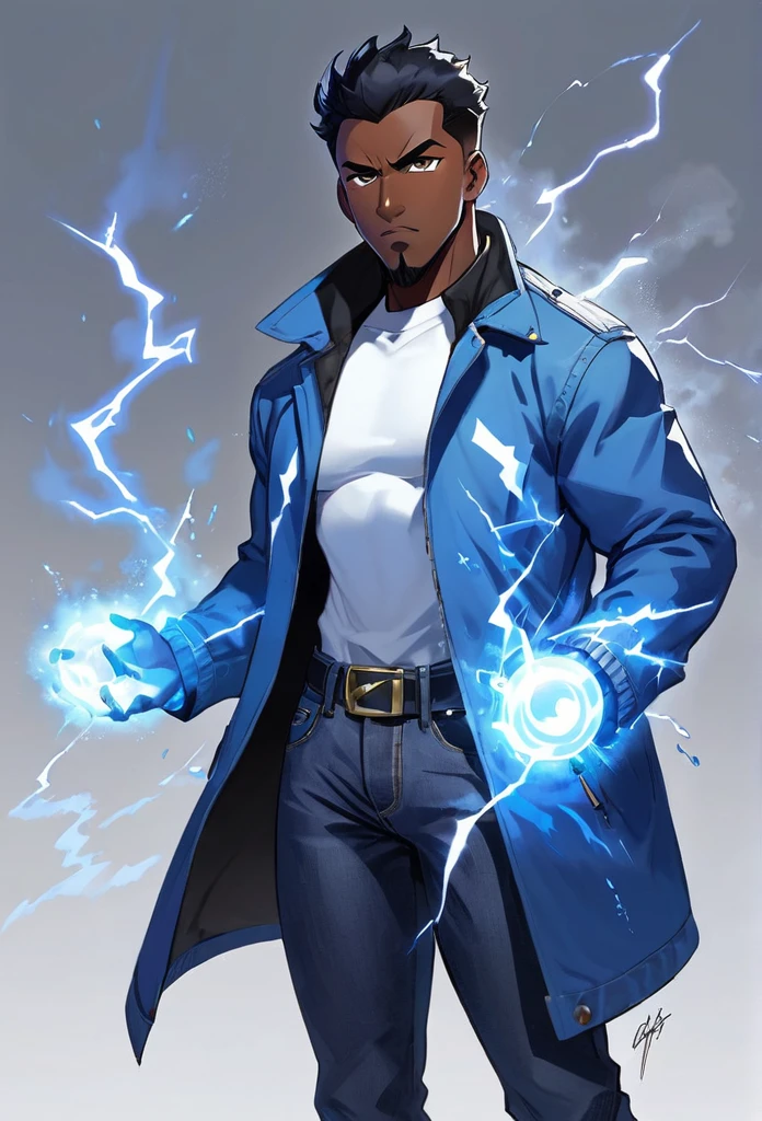 , score_9,score_8_up,score_7_up, mature men, African skin, Bright eyes, short black hair, bulk body shape,  wearing a blue jacket and  jeans pants, holding a black lightning in right hand, and a blue iced mist in the left hand, character design , illustration 