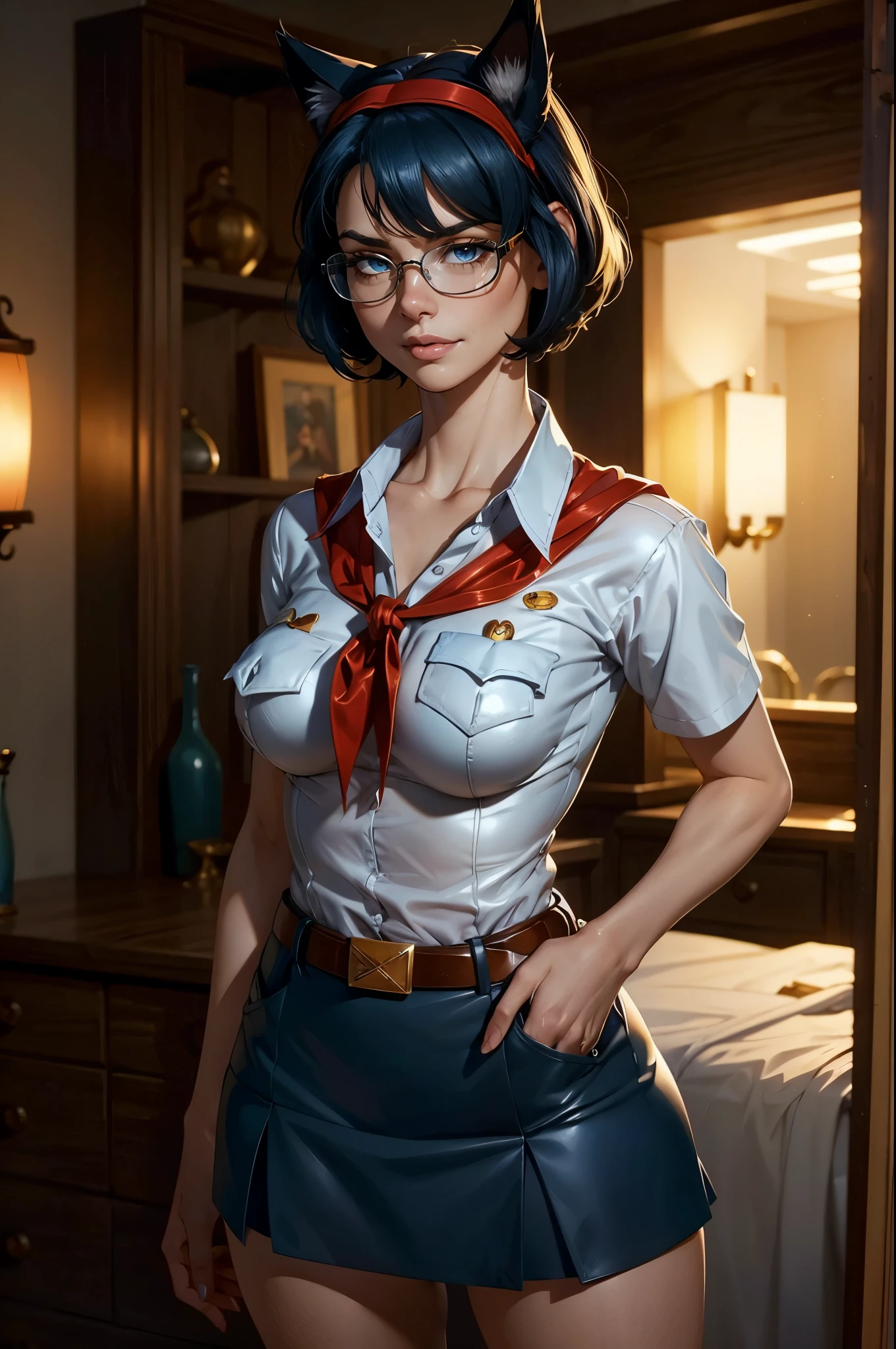 slim fit girl, full body shot, rounded face, very short disheveled dark blue hair, big yellow eyes, glasses, shy smile, perfect small breast, band on head with fake cat ears, look at you, a strand of hair from the bangs hangs between the eyes, accurate small snub nose, 16k, masterpiece, realistic style, perfect fingers, accurate hands, face, monroe, detailed eyes, (full body shot:1.2), 8k, (skinny body:1.2), curvy, (hands behind her back:1.2), seductive pose, (looking at viewer, 8k vector photography, young teen, beautiful eyes, realistic lighting, detailed outfit, realistic facial features, hyper detail, (perfect angle, focus on face hips and breastegane)), ahoge, pioneer neckerchief, micro blue tight skirt, bangs, shirt, collarbone, very tight white shirt, short sleeves, collared shirt, belt, eyelashes, red neckerchief, breast pocket, resembles a sex doll