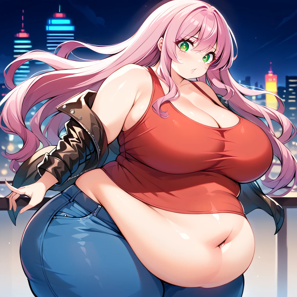 a sexy obese ssbbw anime woman, 1girl, female, extremely detailed fat legs, extremely voluptuous, curvy, beautiful detailed eyes, beautiful detailed lips, ((wearing red tank top and jeans), wearing Leather jacket, cute face, green anime eyes, human face, , moe eyes, stern expression, nuetral expression, massive breasts, massive belly, human figure, extremely detailed eyes and face, long eyelashes, extremely detailed skin texture, dynamic pose,, grimdark, vibrant colors, masterpiece, highly detailed, slim face, large eyes, city background, long flowing hair, pink hair,