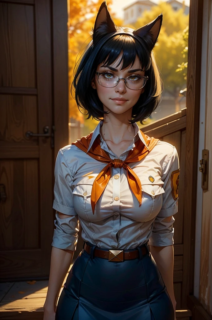 slim fit girl, full body shot, rounded face, very short disheveled dark blue hair, (big yellow eyes:1.3), glasses, shy smile, perfect small breast, band on head with fake cat ears, look at you, a strand of hair from the bangs hangs between the eyes, accurate small snub nose, 16k, masterpiece, realistic style, perfect fingers, accurate hands, face, detailed eyes, (full body shot:1.2), 8k, (skinny body:1.2), curvy, (hands behind her back:1.2), seductive pose, (looking at viewer, 8k vector photography, young teen, beautiful eyes, realistic lighting, detailed outfit, realistic facial features, hyper detail, (perfect angle, focus on face hips and breastegane)), ahoge, pioneer neckerchief, micro blue tight skirt, bangs, shirt, collarbone, very tight white shirt, short sleeves, collared shirt, belt, eyelashes, red neckerchief, breast pocket, resembles a sex doll